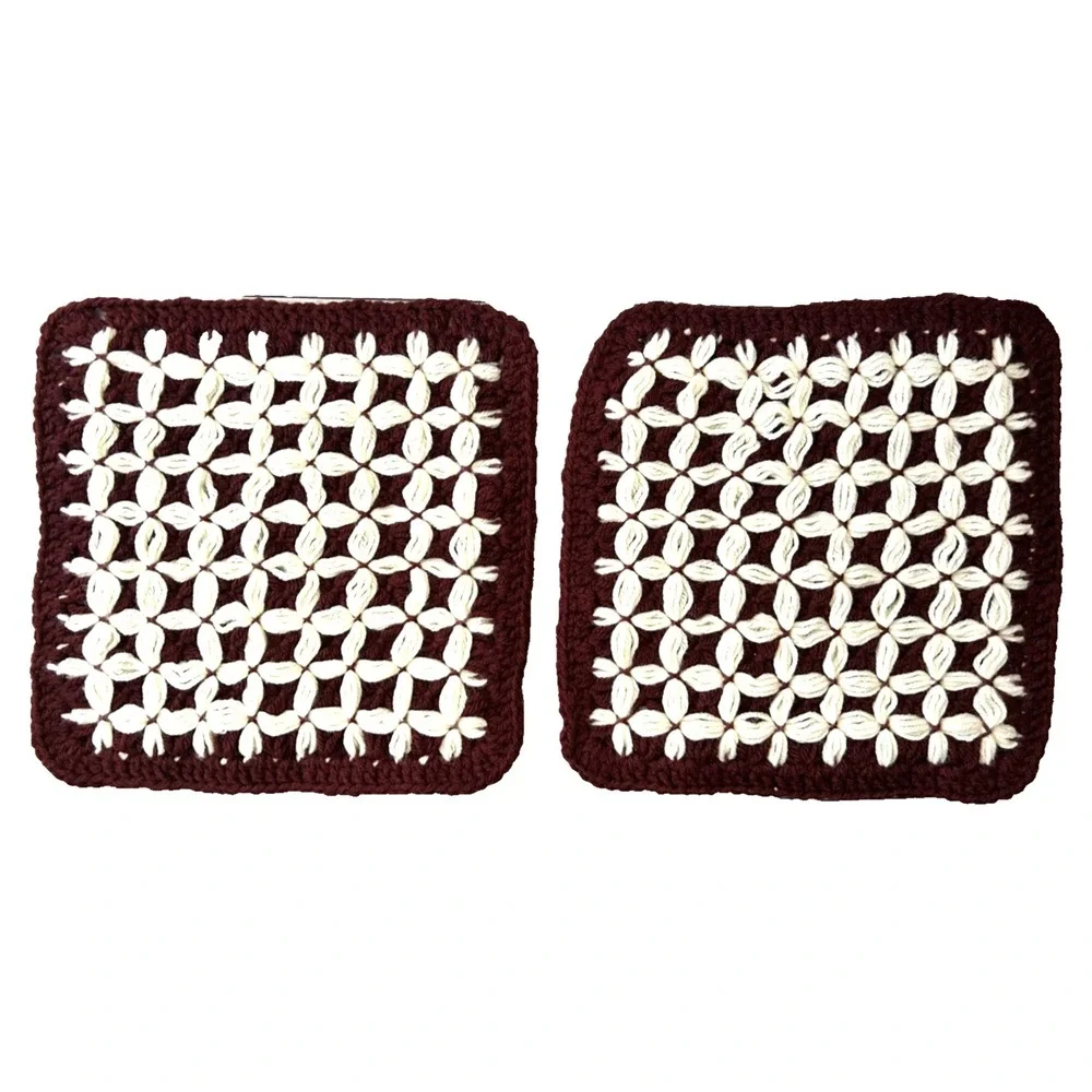 2 Vintage 1970 MCM Hand Crocheted Brown 12